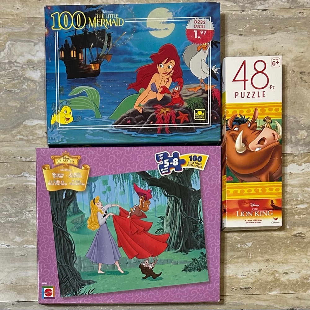 3 Vintage Disney Puzzles: The Little Mermaid, Lion King & Sleeping Beauty *Flaw